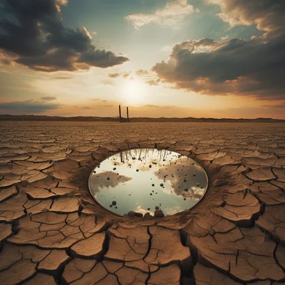 Photo In a dry barren land a mirror reflects a scene