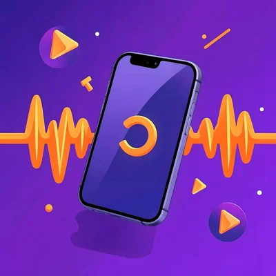 Saturated marketing hero of a phone tilted in space surrounded by chunky abstrac