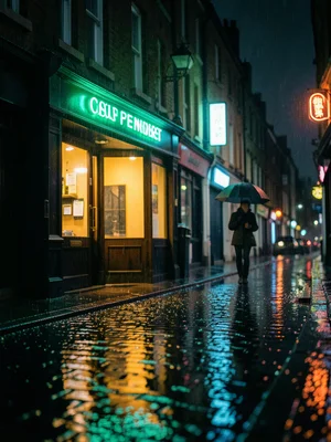 Rain-soaked Dublin street at night, green neon pub sign reflecting in puddles on