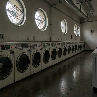 The rhythm of identical machine doors along a laundromat wall