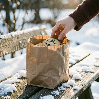 Hand reaching into a kraft paper bag of cookies on a snow-dusted wooden bench, s