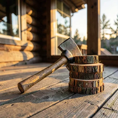 A weathered axe handle and a stack of split rounds on a cabin porch at golden ho