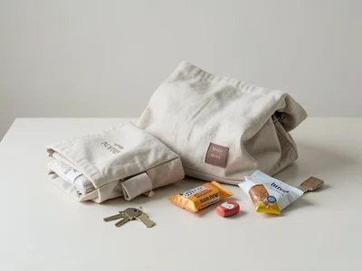Mother's bag contents spread on table, keys, snacks, small toy, organized chaos