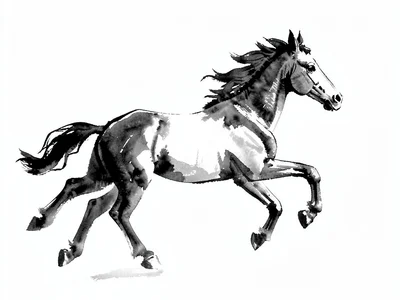 Horse in motion suggested by three broad brushstrokes, white ground