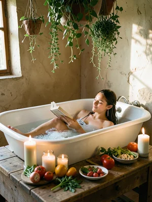 Person taking bath with book, candles on tub edge, plants hanging overhead