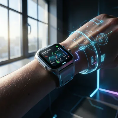 Smartwatch on a wrist showing health metrics, morning light through a window