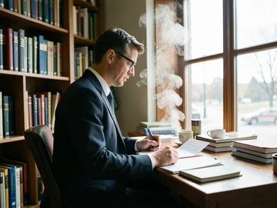 Professor grading papers by tall library window, tea steam catching diffused lig