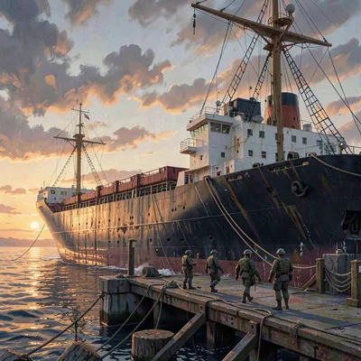 Painterly mission vista of a derelict cargo ship at dusk with squad approaching