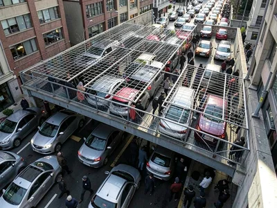 Traffic jam from pedestrian overpass, car rooftops forming metallic grid, compre