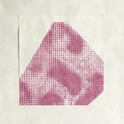 Bold screenprint art print of a halftone abstract shape composition in pink and 