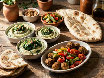 Mediterranean mezze spread: hummus, tabbouleh, falafel, pickled vegetables, warm