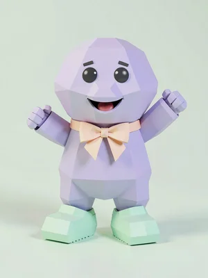 Waving lavender lowpoly mascot character in a cheery pose with chunky mint shoes