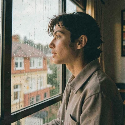 Grainy digital illustration, portrait of person looking out rainy window , film 