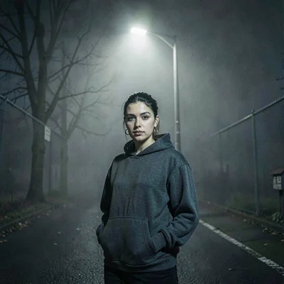 3am-shift atmospheric of a model in a charcoal hoodie under a sodium streetlamp,