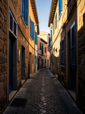 Narrow cobblestone alley in a Mediterranean village with blue shuttered windows