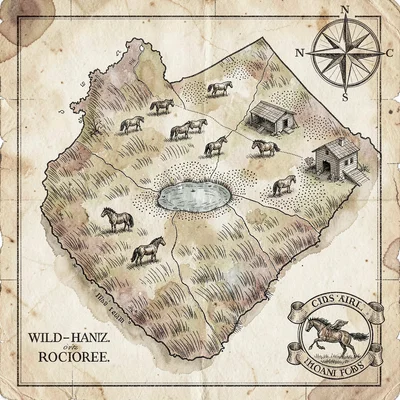 A regional wild-horse range map with hatched grasslands, a watering hole, scatte