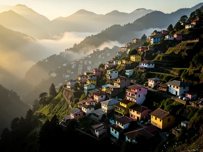 Mountain village with colorful houses cascading down a hillside, morning mist