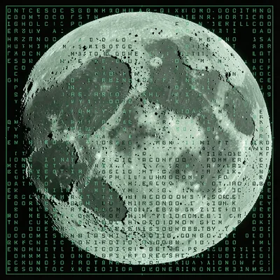A full moon in dense ASCII with crater regions as dark character concentrations 