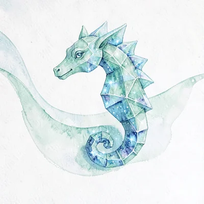 Refracted aquamarine lowpoly seahorse curled in a graceful spiral with cool blue