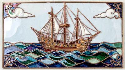 Cloisonné enamel illustration, ship on waves , copper wire outlines, glass ename