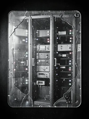 Data center server rack, blinking LED lights, 8x10 glass plate with emulsion poo