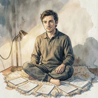 Tutor seated cross-legged on a sheepskin rug with a small group of papers fanned