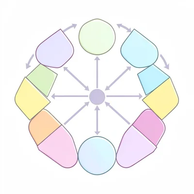 Top-down system diagram-style composition of how tiles connect into a bloom shap