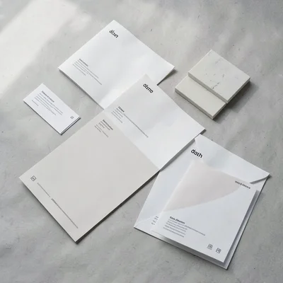 Desk-tabletop overhead view with brand collateral spread loosely across paper-te