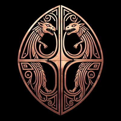 Copper shield design — split between two formline creatures sharing a central di