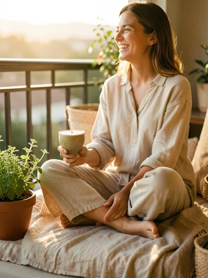 A person sitting cross-legged on a balcony with a smoothie bowl, bare feet, pott
