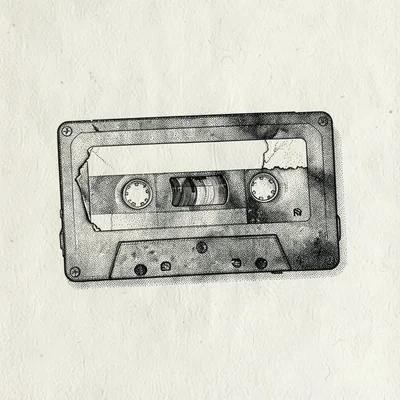 Pen-and-ink evidence study of a cassette tape with a peeling label, dense linewo