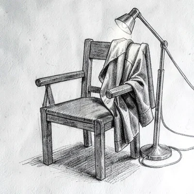 Charcoal study of an empty writing chair with a coat draped over the back, lamp