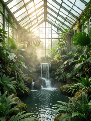 A tropical greenhouse waterfall: water cascading over rocks into a pool, ferns a
