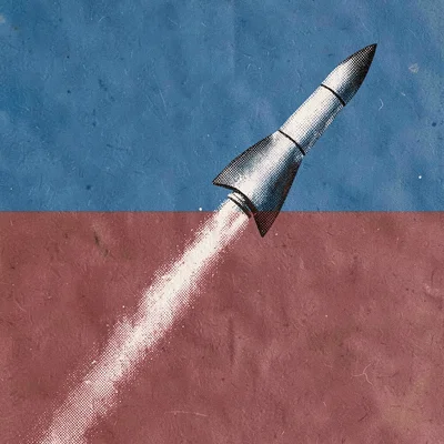Bold screenprinted startup-conference poster of a halftone rocket trail arcing a