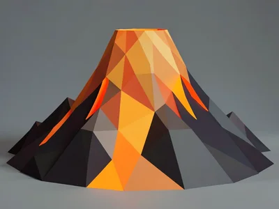 A low-poly volcano with lava as bright orange triangle flows descending angular 
