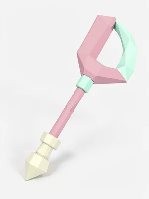 Reaper dusty-pink lowpoly scythe with a triangulated mint blade and chunky cream