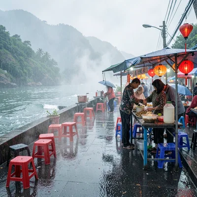 Jiufen rain beauty, wet mountain coastal, Street vendor selling taro balls and s