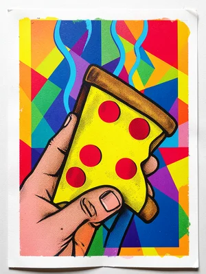 A hand holding a triangle of pizza, the cheese in yellow, crust in brown, pepper