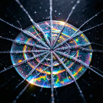 Ice bubble frozen in a lake surface, concentric crack patterns radiating outward