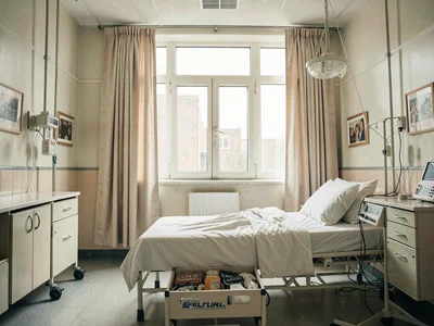 Hospital window with symmetrical curtains, patient bed centered, soft diffused l