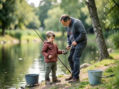 Father and child at pond edge with fishing poles, bucket nearby, patience