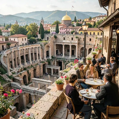 Historical layers visible simultaneously in Plovdiv, Bulgaria, café terrace over