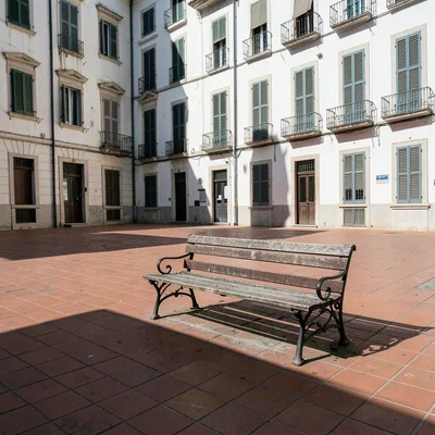 Siesta stillness, afternoon heat weight, An empty plaza with one bench, harsh ov
