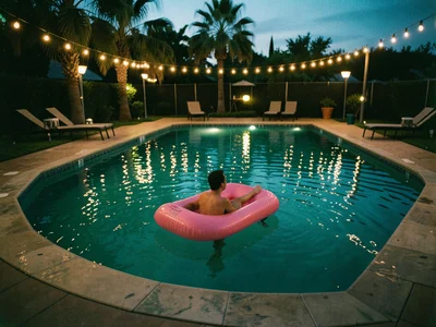 A swimming pool at dusk, a single swimmer on a pink inflatable, string lights ar