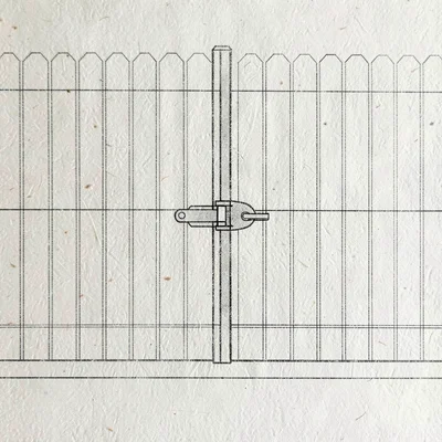 Schematic of a pool-code fence with self-closing hinge and latch detail, hairlin