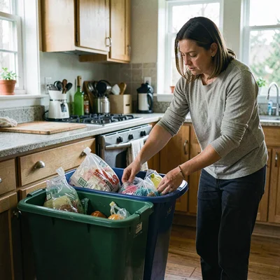 Documentary photography, unposed moment, Person sorting recycling into separate 