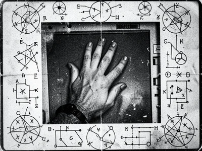 A hand pressed flat against copier glass surrounded by hand-drawn astrological s