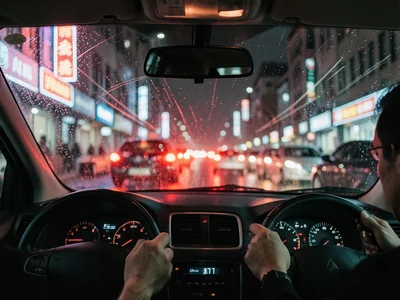 The dashboard view of a car in morning traffic, the driver's hands on the steeri