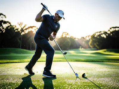Person teeing off at golf course, early morning, dewy fairway