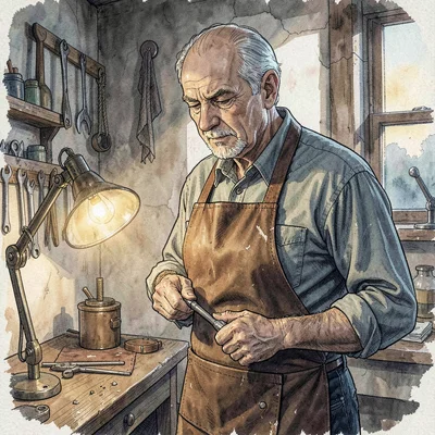Quiet artisan portrait of a senior gunmaker tying on a leather apron at dawn, lo